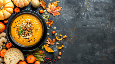 Autumn Pumpkin Soup with Cream, Seeds, and Nuts on Dark Background. Top View, Copy Space.の素材