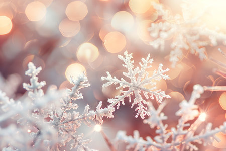 Sparkling Snowflakes Close Up of Frozen Ice Crystals on Twigs with Golden Bokeh Backgroundの素材