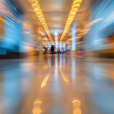 Motion Blur of People Walking in Modern Office Hallway, Urban Architecture, Business Center Abstractの素材
