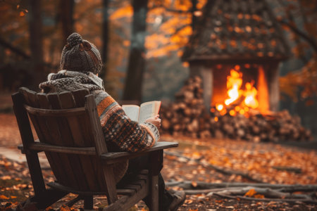 Woman Enjoys Reading by Cozy Fire Pit in Autumn Forest, Warmth and Relaxation in Fall Sceneの素材