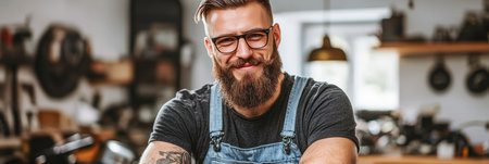 Portrait of a Bearded Craftsman in Denim Overalls Smiling with Confidence in his Workshopの素材