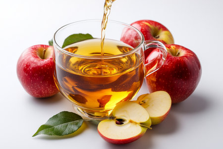 Refreshing Apple Cider Vinegar Drink in Glass Cup with Fresh Ripe Red Apples and Green Leavesの素材