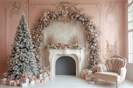 Christmas interior. Pink room decorated for Christmas. Fireplace, Christmas tree, gifts, armchairの素材