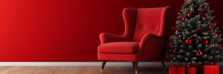 Red armchair and decorated Christmas tree with gift boxes on red wall background, 3d illustrationの素材