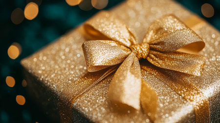 Close-Up, Golden Sparkle Gift Wrapped With Gold on a Blurred Backdrop with Stringed LED Lights.の素材