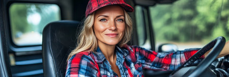 Portrait Of Beautiful Female Truck Driver In Her Modern Semi-Truck, Confidently Delivering Goods.の素材