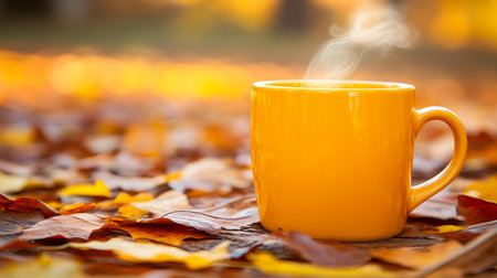 Steaming Hot Mug On A Table With Colorful Autumn Leaves In The Woods, Perfect For Fallの素材
