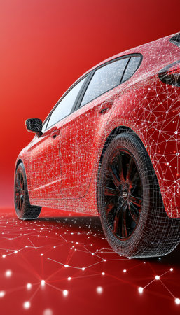 Red Sports Car With Glowing Network Connections, Digital, Futuristic Transportation Conceptの素材