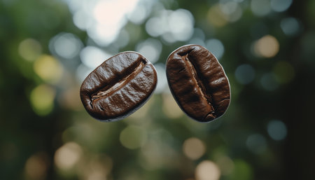 Two Levitating Coffee Beans A Hyperrealistic Studio Shot on a Natural Green Backgroundの素材