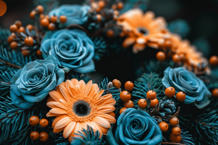 Blue And Orange Floral Arrangement, Close-Up Of Vivid Bouquet With Roses And Gerbera.の素材