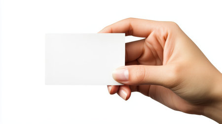 Womans Hand Holding Blank White Business Card, Isolated on White Background with Clipping Path.の素材