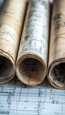 Old Architectural Blueprints Rolled Up, Stacked, on Design Plans History, Renovation Conceptの素材