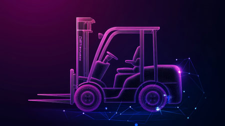 Autonomous Forklift Truck, Warehouse Automation. Digital Forklift in Neon 3D Illustration.の素材