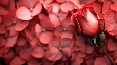 Single Red Rose on a Vibrant Coral Hydrangea Flower Background, Close Up, Romantic Concept.の素材
