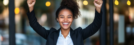 Successful Businesswoman Celebrates Victory with Raised Fists, Exuding Confidence and Achievementの素材