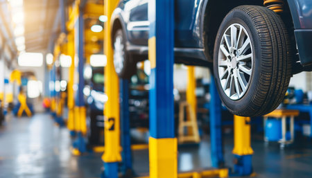 Car Raised on Hydraulic Lift for Maintenance and Repair Service in a Modern Automotive Workshopの素材