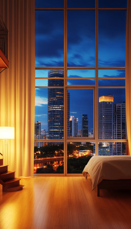 Luxury Urban Apartment Bedroom With Spectacular Panoramic City Skyline View At Sunsetの素材