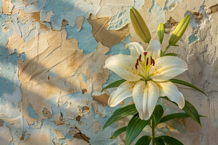 White Lily Flower with Yellow Center and Brown Specks Against a Textured Blue and White Backgroundの素材