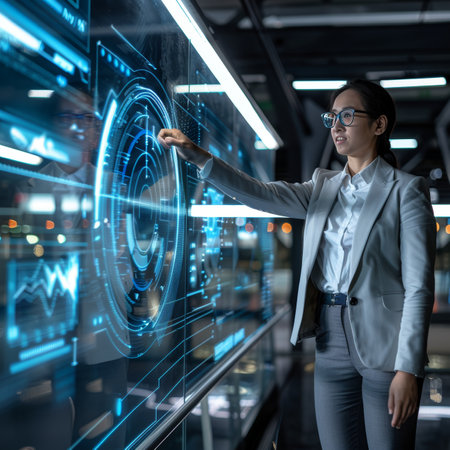 Female IT Specialist Analyzing Data on Futuristic Transparent Screen, Cybersecurity and AI Conceptの素材
