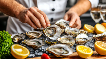 Chef Opens Fresh Oyster Shell for Gourmet Appetizer Plate Presentation with Lemon and Iceの素材