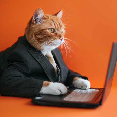 Ginger Cat in a Suit, Working Remotely From a Home Office on a Laptop, Orange Backgroundの素材