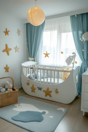 Modern Baby Room Interior, White Ship-Shaped Crib, Star Decorations, Blue And Yellow Accents.の素材