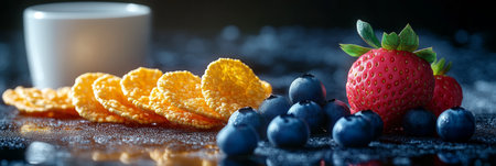 Healthy Breakfast Delight Crisp Cornflakes, Juicy Blueberries, Fresh Strawberries, and White Cupの素材