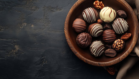 Assortment of Gourmet Chocolates Truffles, Nuts, and Delights in a Rustic Wooden Bowlの素材