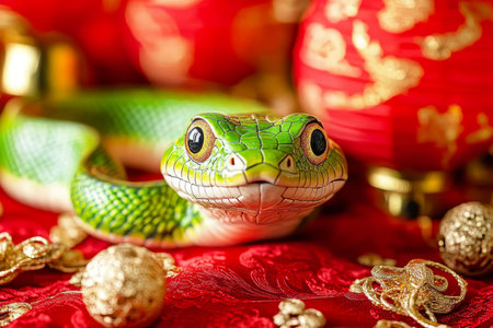 Green Snake Celebrates Chinese New Year with Festive Red Lanterns and Gold Decorationsの素材