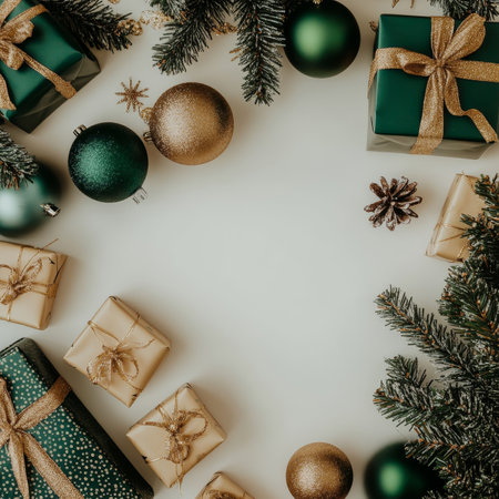 Elegant Christmas Greeting Card Template, Decorations, Presents, And Fir Tree Branches On White.の素材