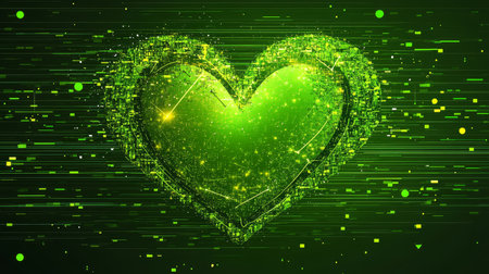 Green Digital Heartbeat Technology Background Abstract Wellness, Lines, Connected Dots, Trianglesの素材