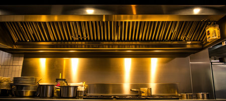 Professional Restaurant Kitchen with Stainless Steel Appliances and Industrial Extractor Fanの素材
