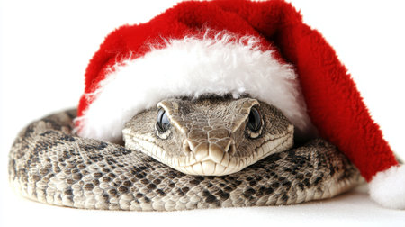 Festive Serpent A Close-Up Portrait of a Snake Wearing a Santa Hat, Isolated on a White Background.の素材