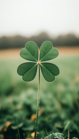 Four Leaf Clover in Focus A Symbol of Luck and Good Fortune on a Cloudy Day, Nature Background.の素材