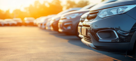 New Cars In A Row At Sunset. Automotive Industry, Vehicle Selling, Consumerism Concept.の素材