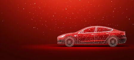 Modern Electric Car with Connection Lines Structure on a Gradient Red Background with Particlesの素材