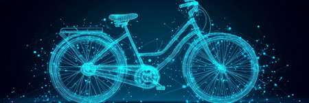 Abstract Blue Glowing Polygonal Bicycle On Dark Background. Transportation And Technology Conceptの素材