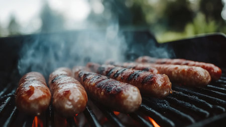 Delicious, Juicy Sausages Sizzling on a Vibrant, Smoky Grill at an Outdoor Barbecue Partyの素材