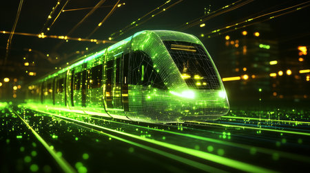 Futuristic Electric Train With Green Energy Connection, Public Transportation Technology, 3D Render.の素材