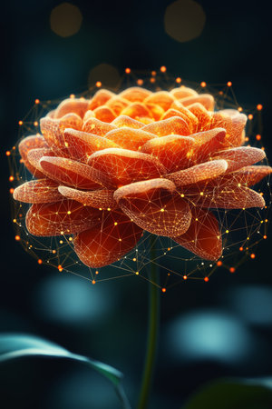 Glowing Orange Flower With Network Connection on Dark Background, Digital Art, Generative AIの素材