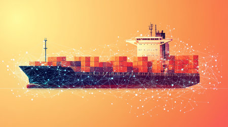 Cargo Ship, Shipping Containers, Connected Dots, Global Logistics, Transportation Network.の素材