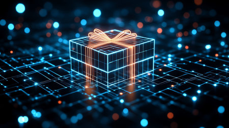 Digital Gift Box, Blue Technology Background. Abstract Joy Symbol, Lines, Connected Dots, Triangles.の素材