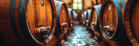 Rustic Wine Cellar Rows of Antique Wooden Wine Barrels, Aging Wine in a Traditional Cellarの素材