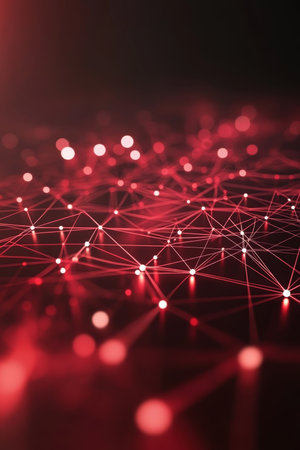 Red Digital Network Abstract Technology Background with Lines, Connected Dots, and Trianglesの素材