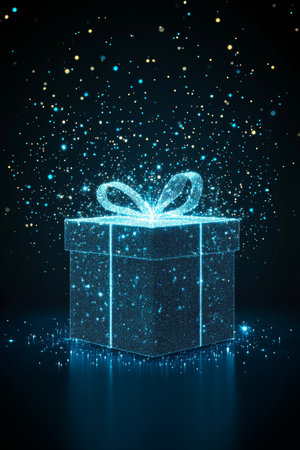 Digital Gift Box on Blue Technology Background. Abstract Joy Symbol, Connected Dots, and Triangles.の素材