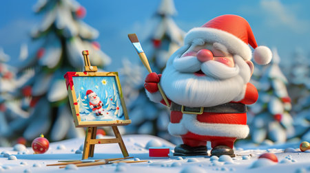 Jolly Christmas Artist Santa Claus Painting Festive Scene on Canvas with Snowy Backgroundの素材