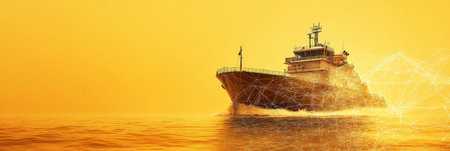 Digital Cargo Ship on a Yellow Technological Background An Abstract Icon of Maritime Transportの素材