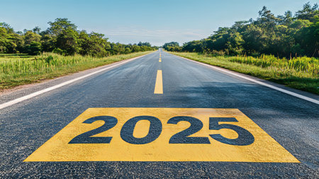Empty Asphalt Road Along Trees With The Year 2025 Painted On The Surface, Concept Of Future.の素材