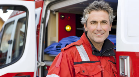 Portrait Of A Smiling Paramedic Standing By An Ambulance, Representing Emergency Medical Services.の素材