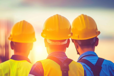 Construction Workers Silhouette, Teamwork and Success in Construction Industry Against Sunsetの素材